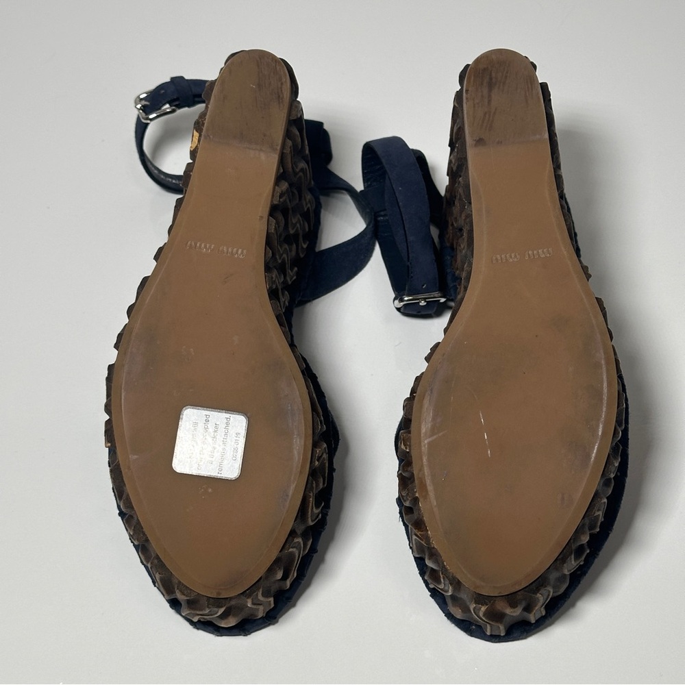 Miu Miu Suede Wooden Wedge Strappy Sandals - Picture 8 of 14